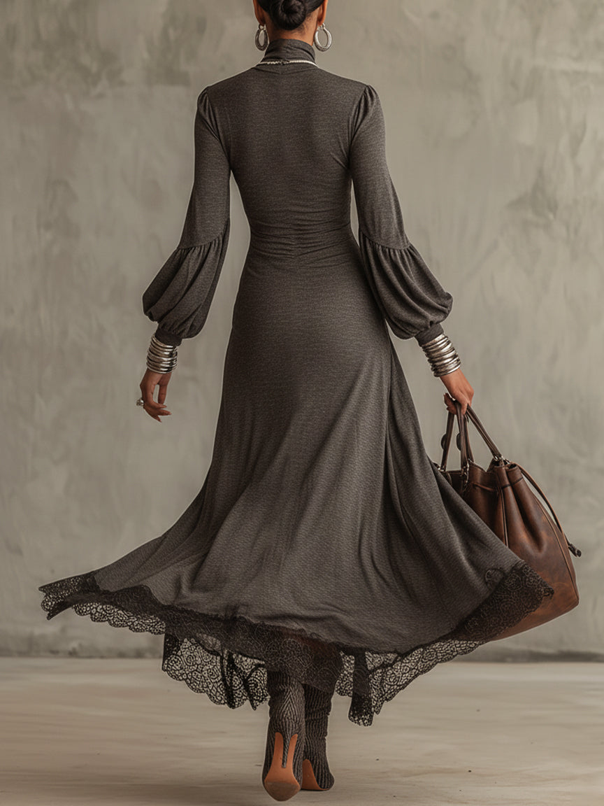 Gray Knitted Lace Hem Puff Sleeve Maxi Dress