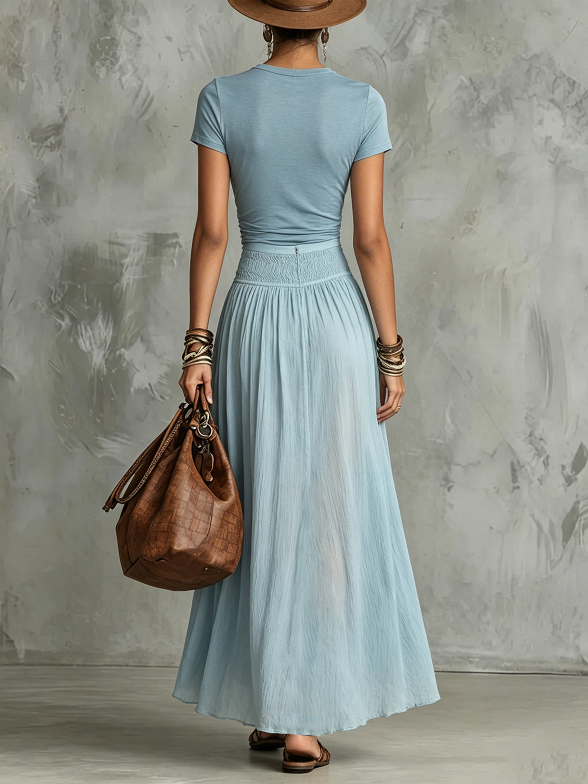Sky Blue Knotted Crop T-shirt And High-Slit Maxi Skirt Set