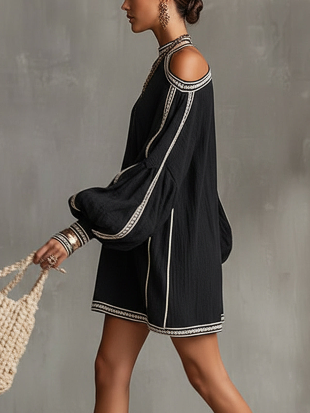 Black Boho Cold Shoulder Lantern Sleeve Linen Mini Dress