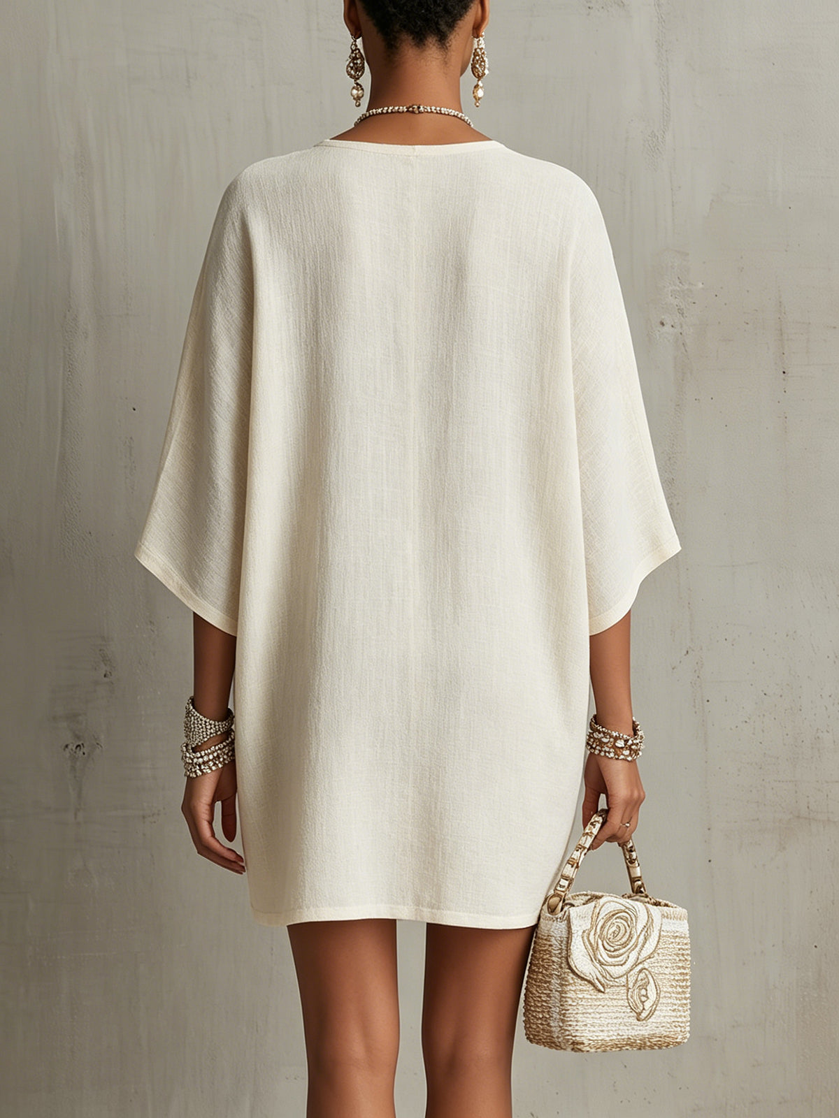 Ivory Mini Dress With Embroidered Floral Detail