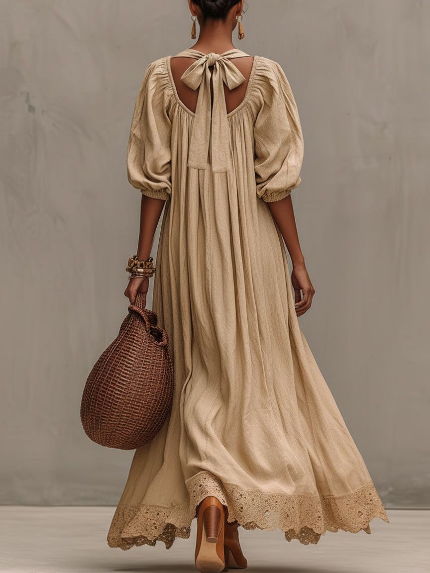 Light Coffee Linen Blend Maxi Dress With Lace Hem