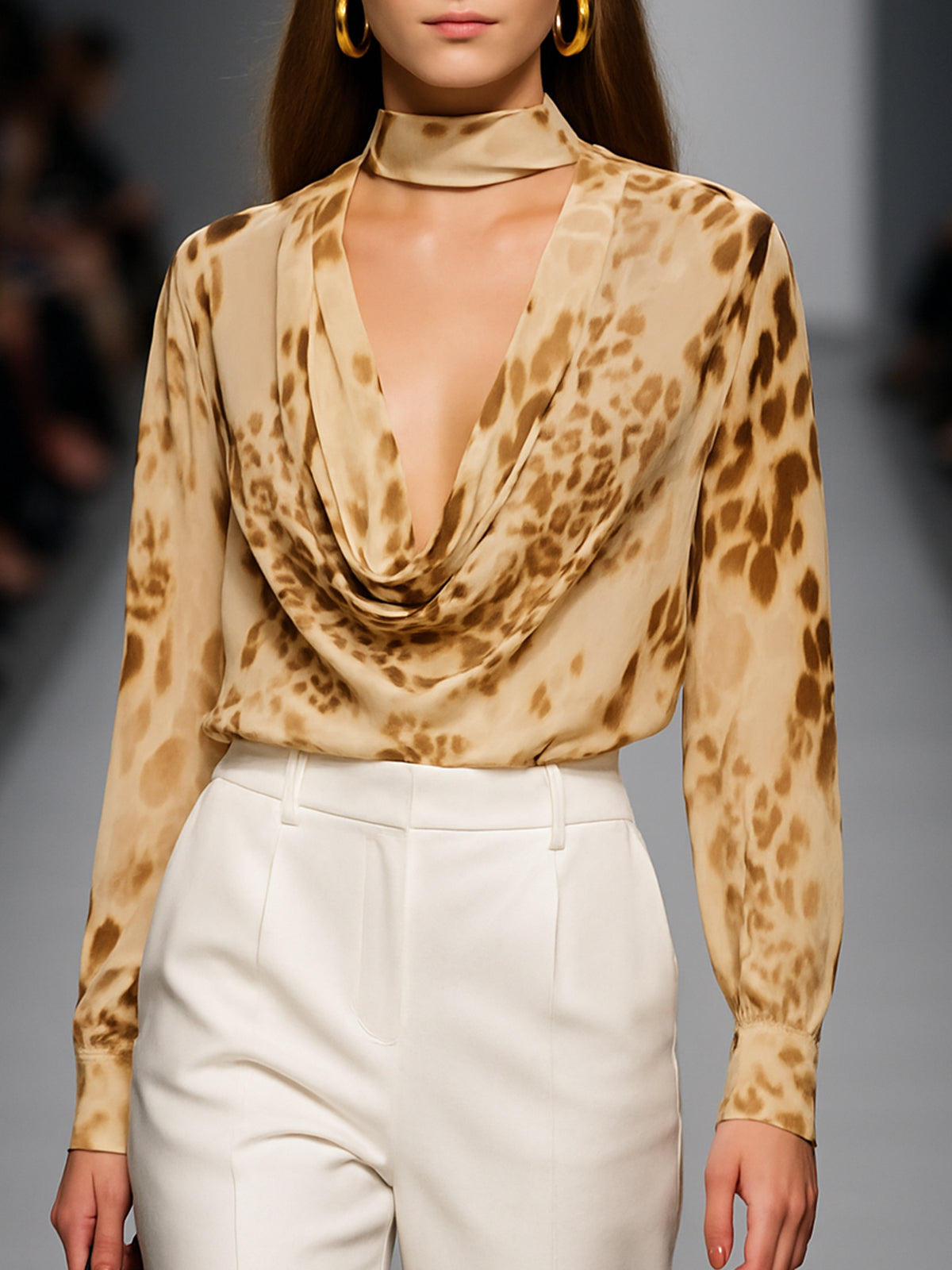 Sophisticated Leopard Print Satin Blouse With Draped Neckline And Choker Detail