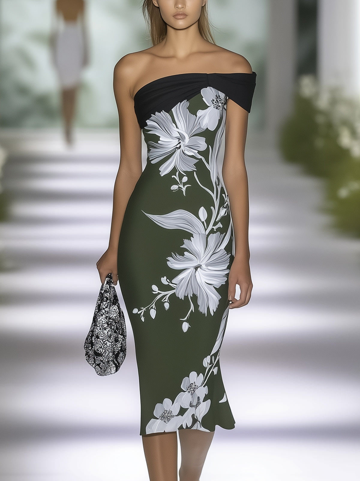 Satin Floral Print Off Shoulder Bodycon Dress
