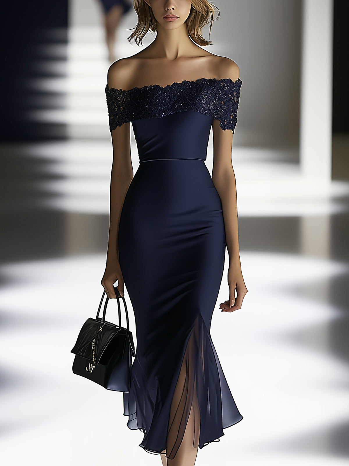 Lace Off Shoulder Organza Hem Bodycon Dress