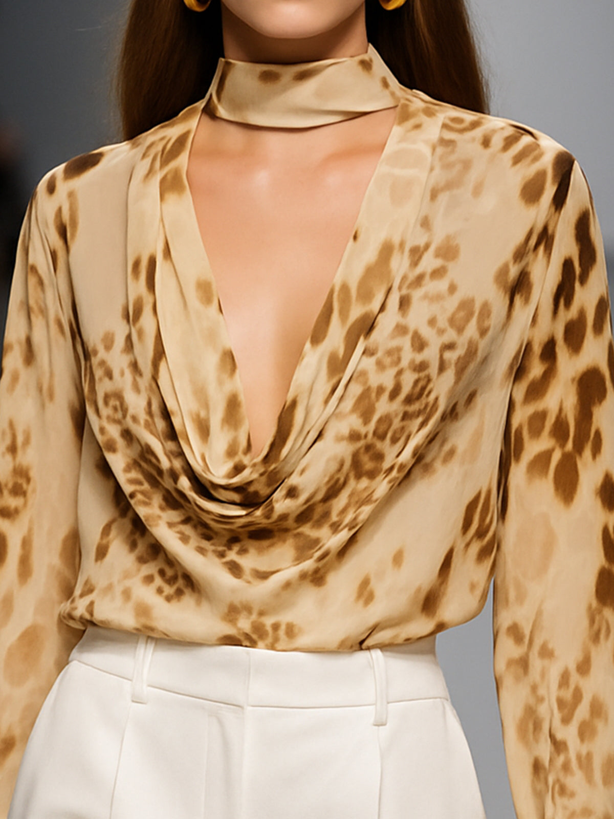 Sophisticated Leopard Print Satin Blouse With Draped Neckline And Choker Detail