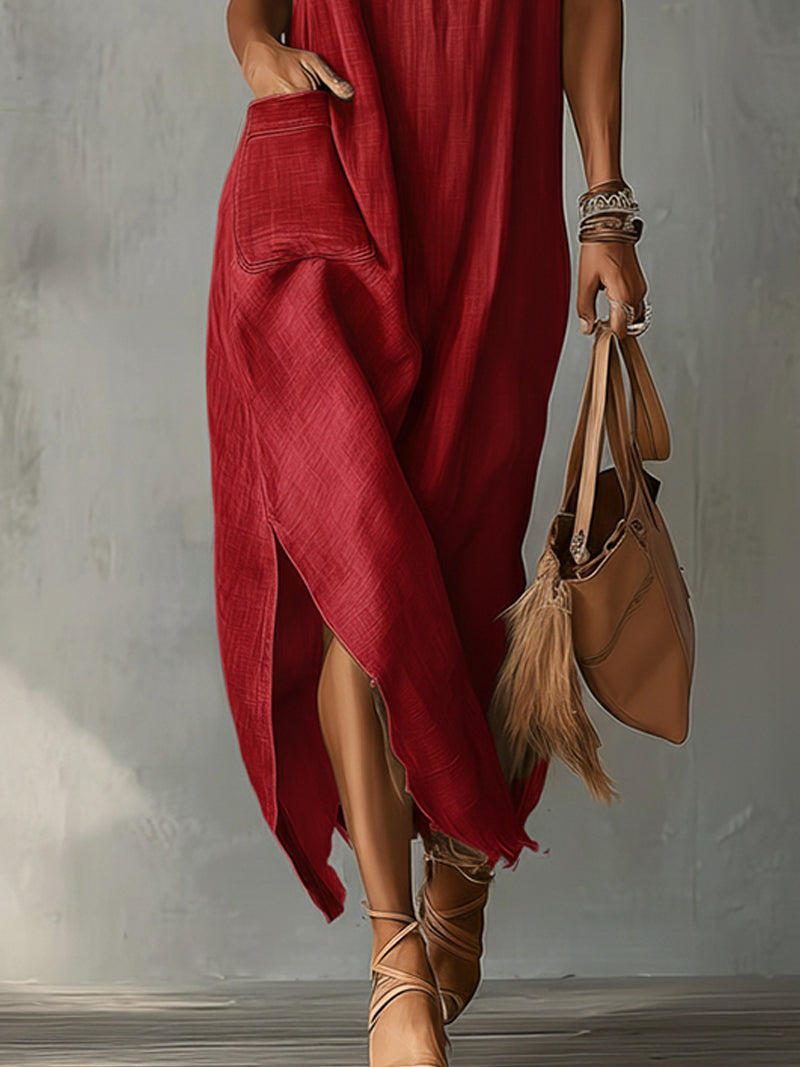 Red Ruffled Collar Linen Maxi Dress With Asymmetric Hem