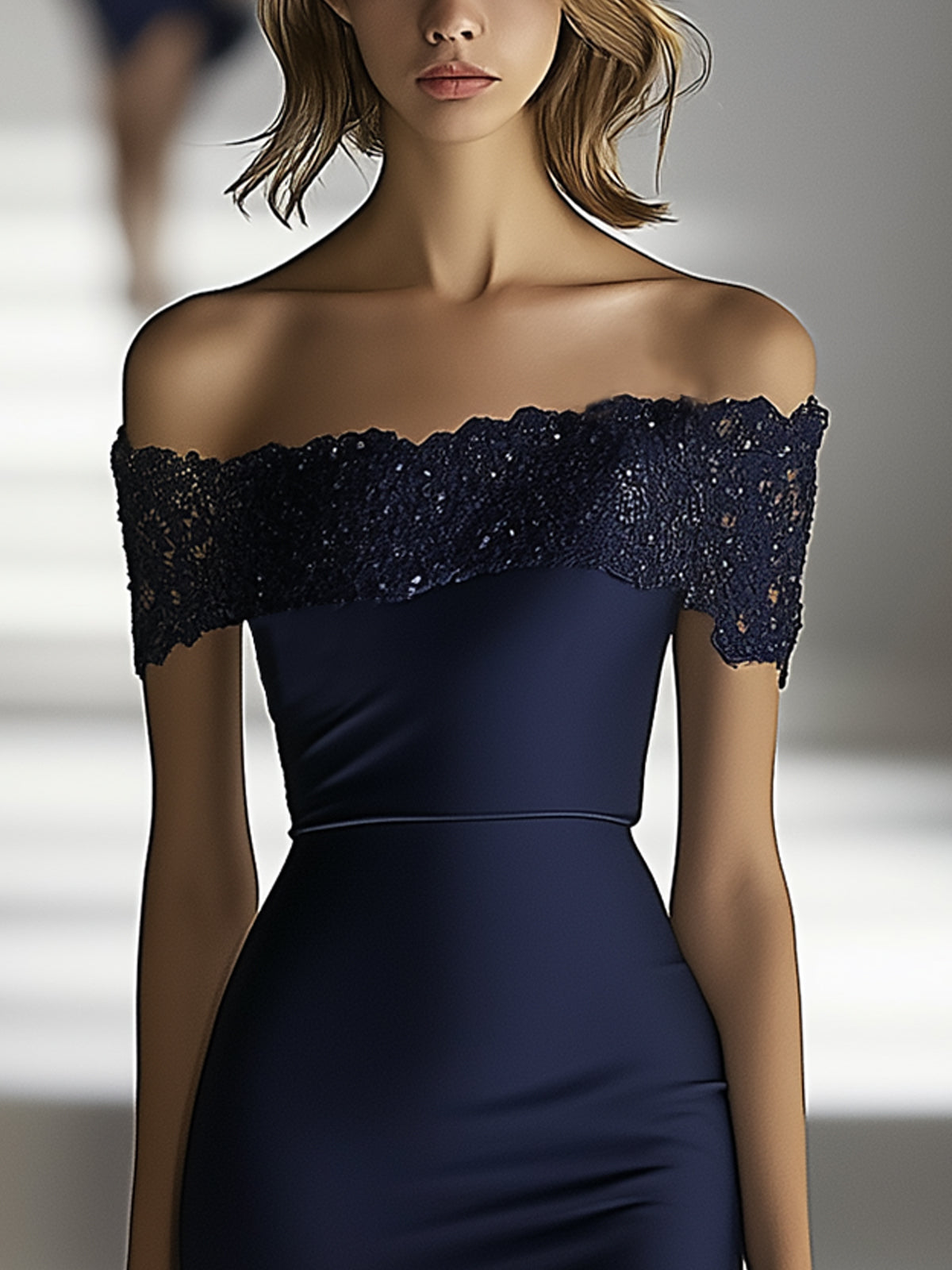 Lace Off Shoulder Organza Hem Bodycon Dress