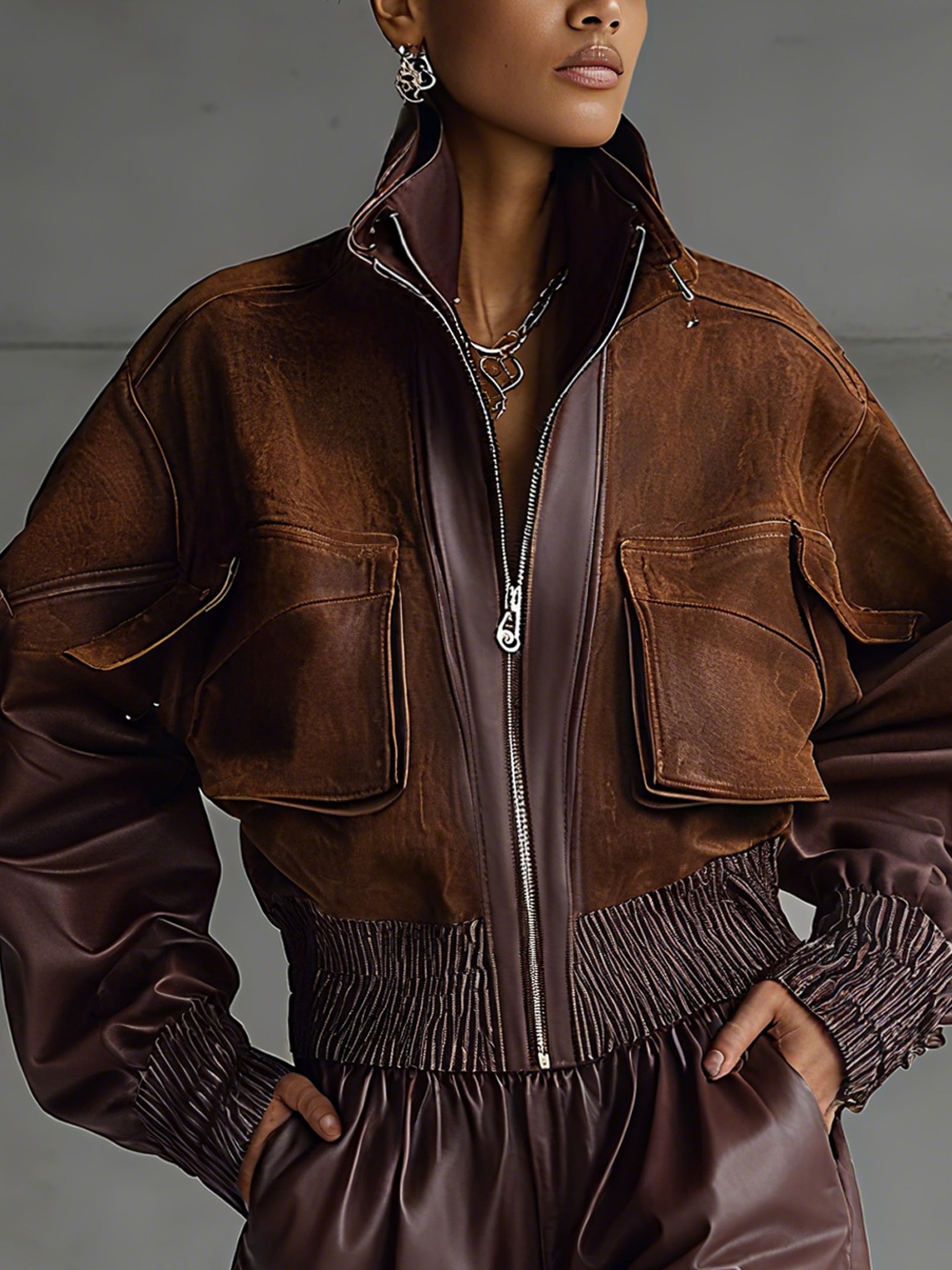 Brown Vintage Inspired Faux Suede Paneled Bomber Jacket
