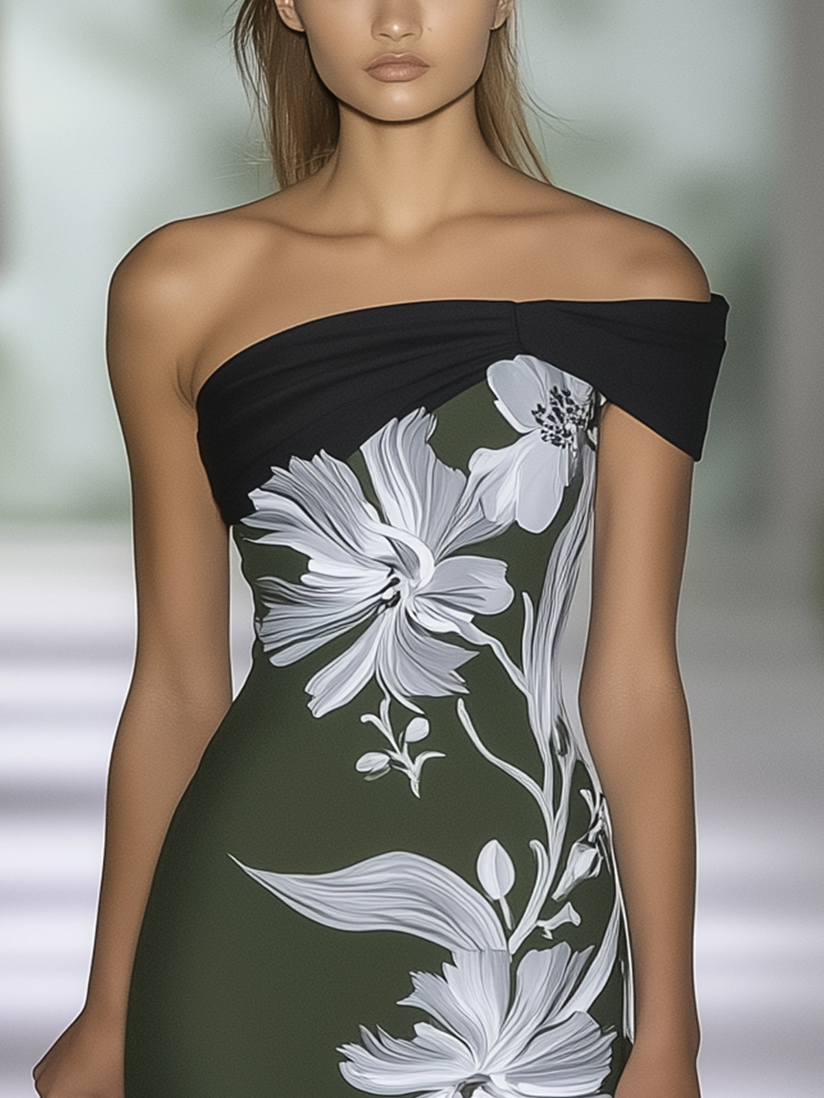 Satin Floral Print Off Shoulder Bodycon Dress