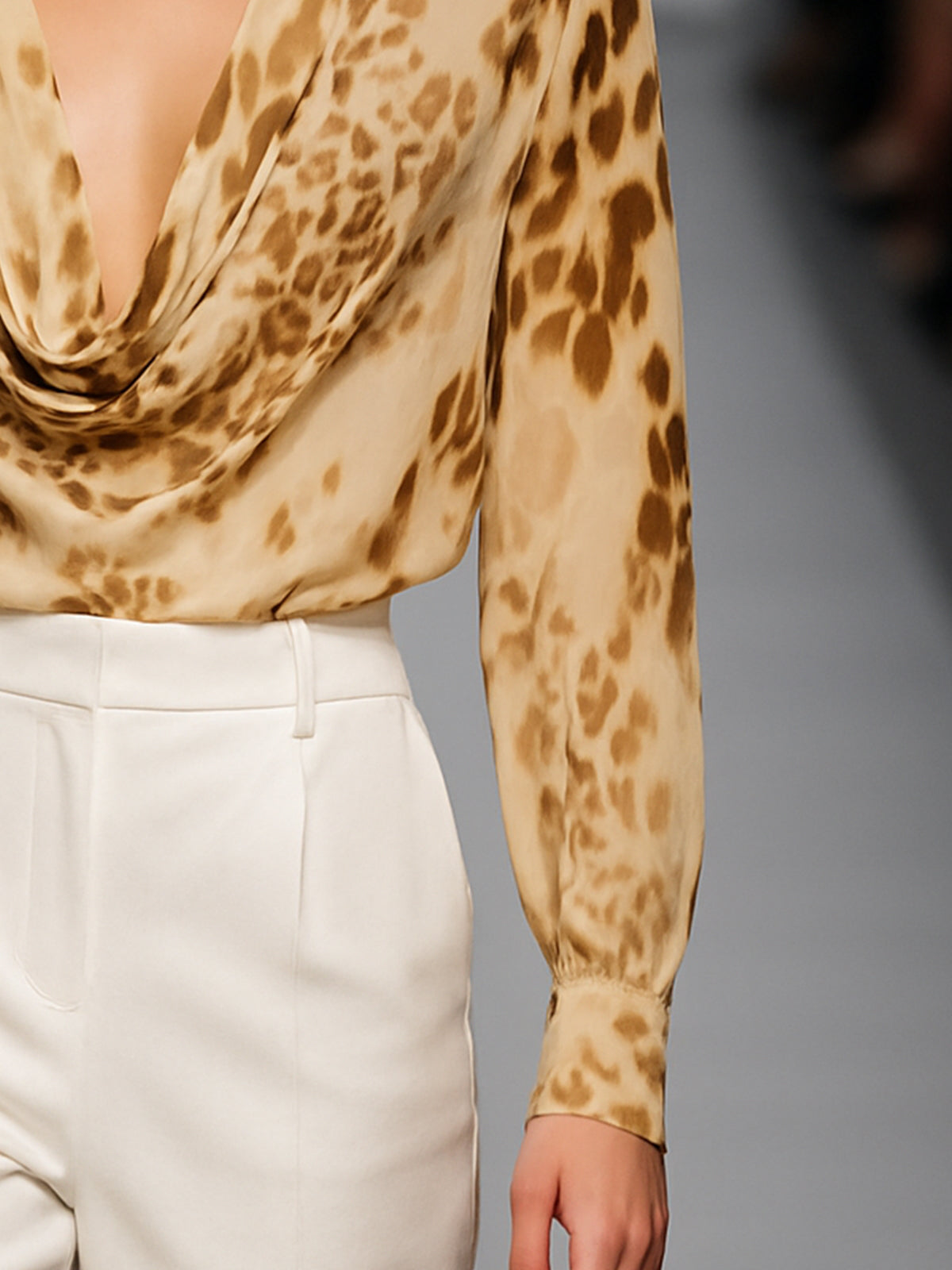 Sophisticated Leopard Print Satin Blouse With Draped Neckline And Choker Detail