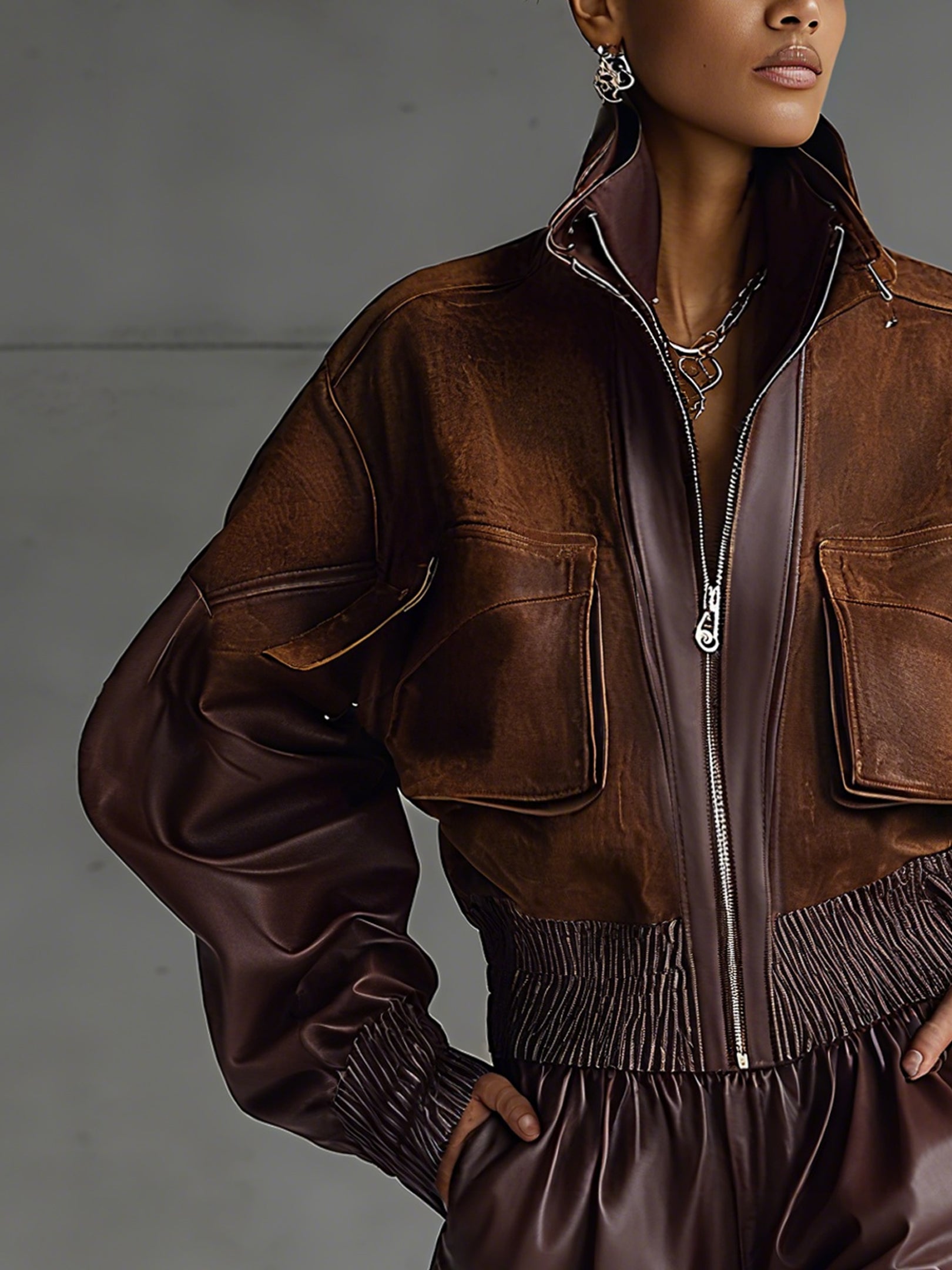 Brown Vintage Inspired Faux Suede Paneled Bomber Jacket