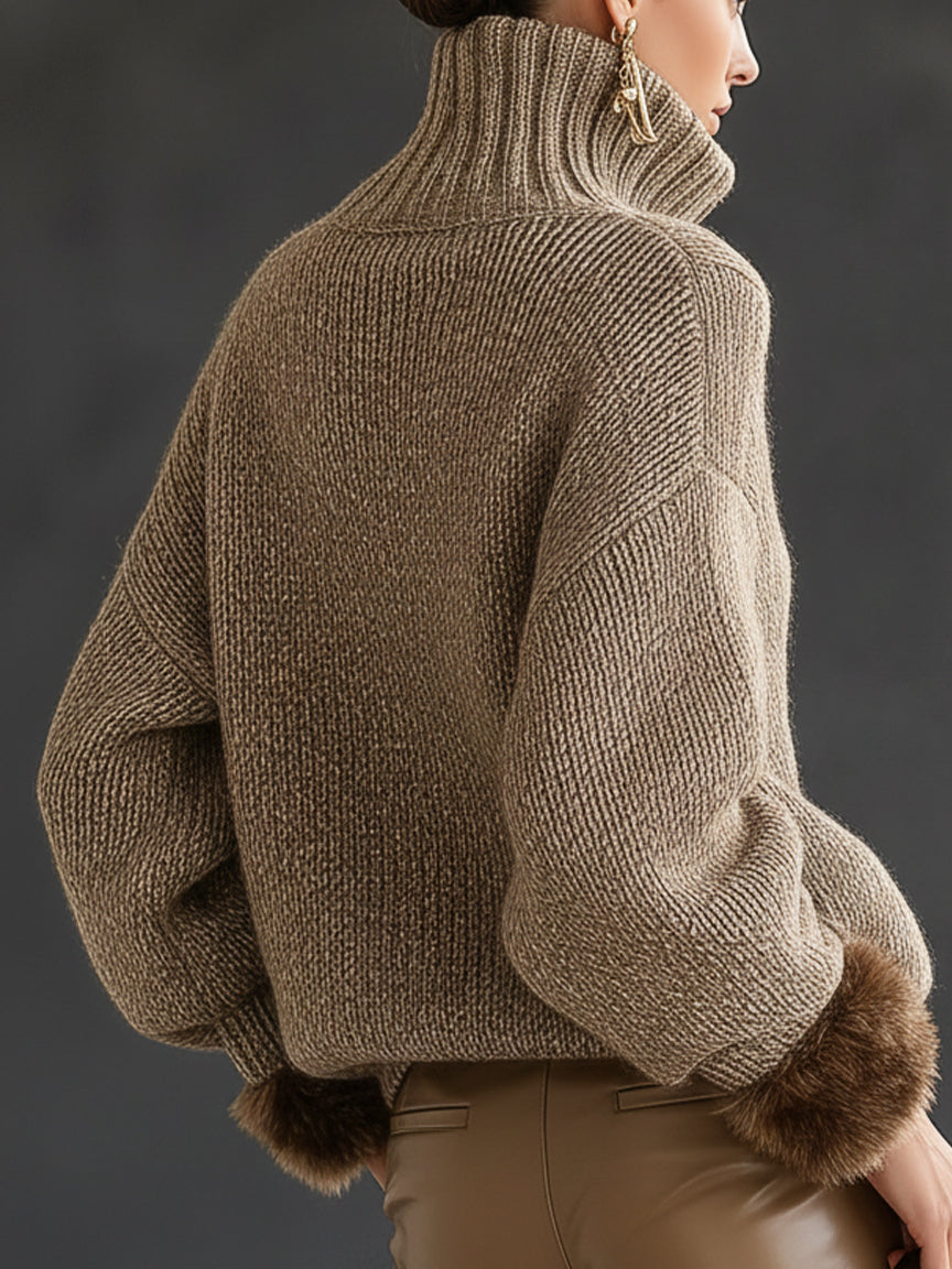 Mocha Half Zip High Collar Knit Pullover Sweater