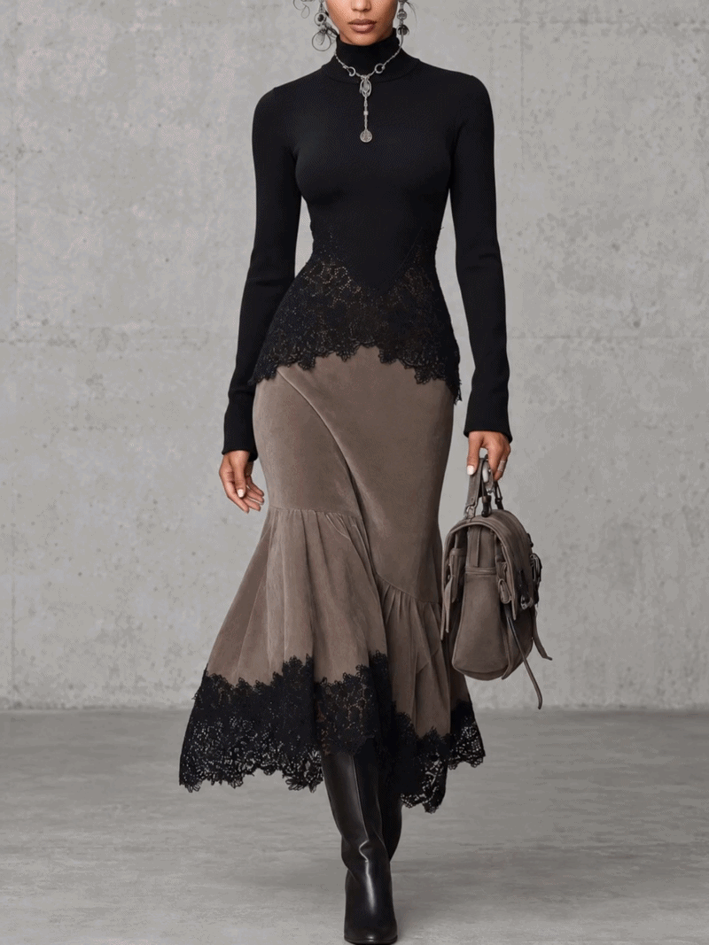 Black Lace Peplum Top And Brown Faux Suede Mermaid Maxi Skirt Set