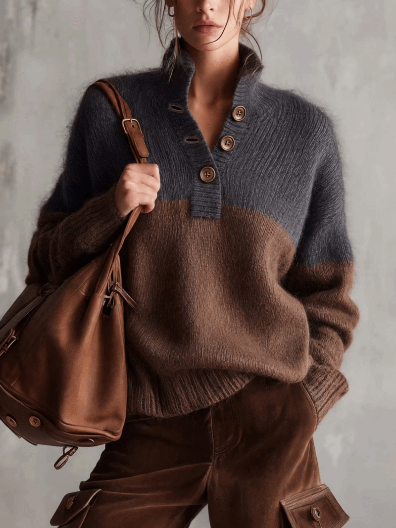 Charcoal Gray And Chocolate Brown Color Block Mohair Sweater With Button Placket