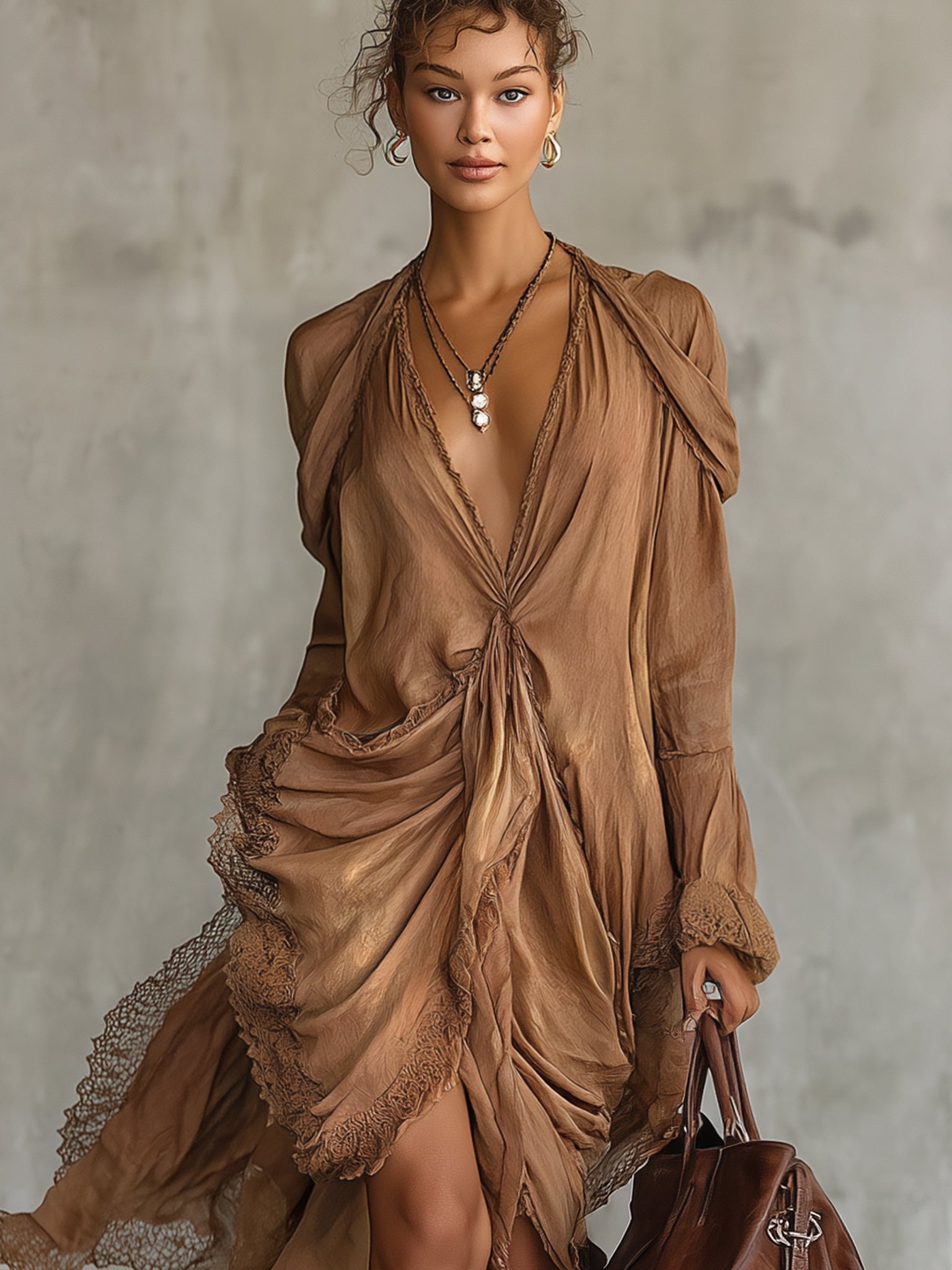 Cocoa Satin Deep V-Neck Maxi Dress With Lace Hem