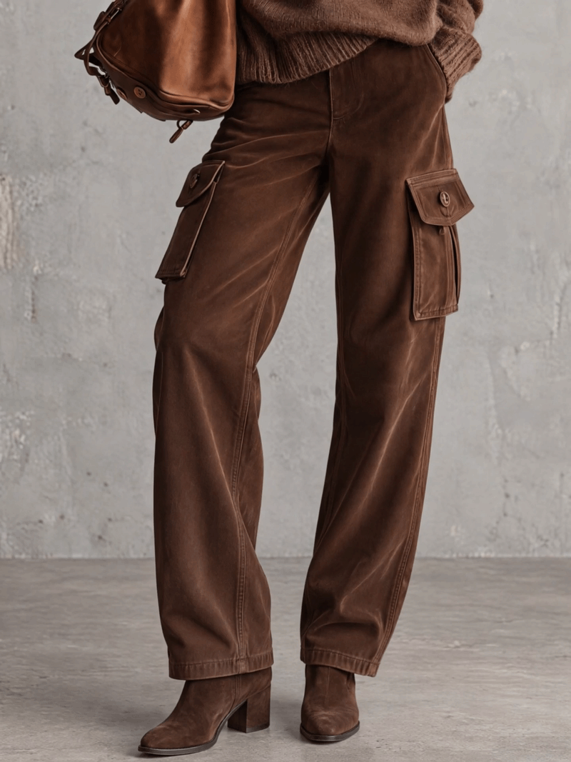 Chocolate Brown Faux Suede Wide-Leg Cargo Pants With Flap Pockets