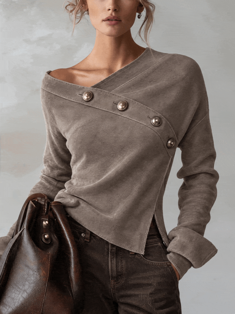 Taupe Faux Suede Asymmetric Off-Shoulder Blouse
