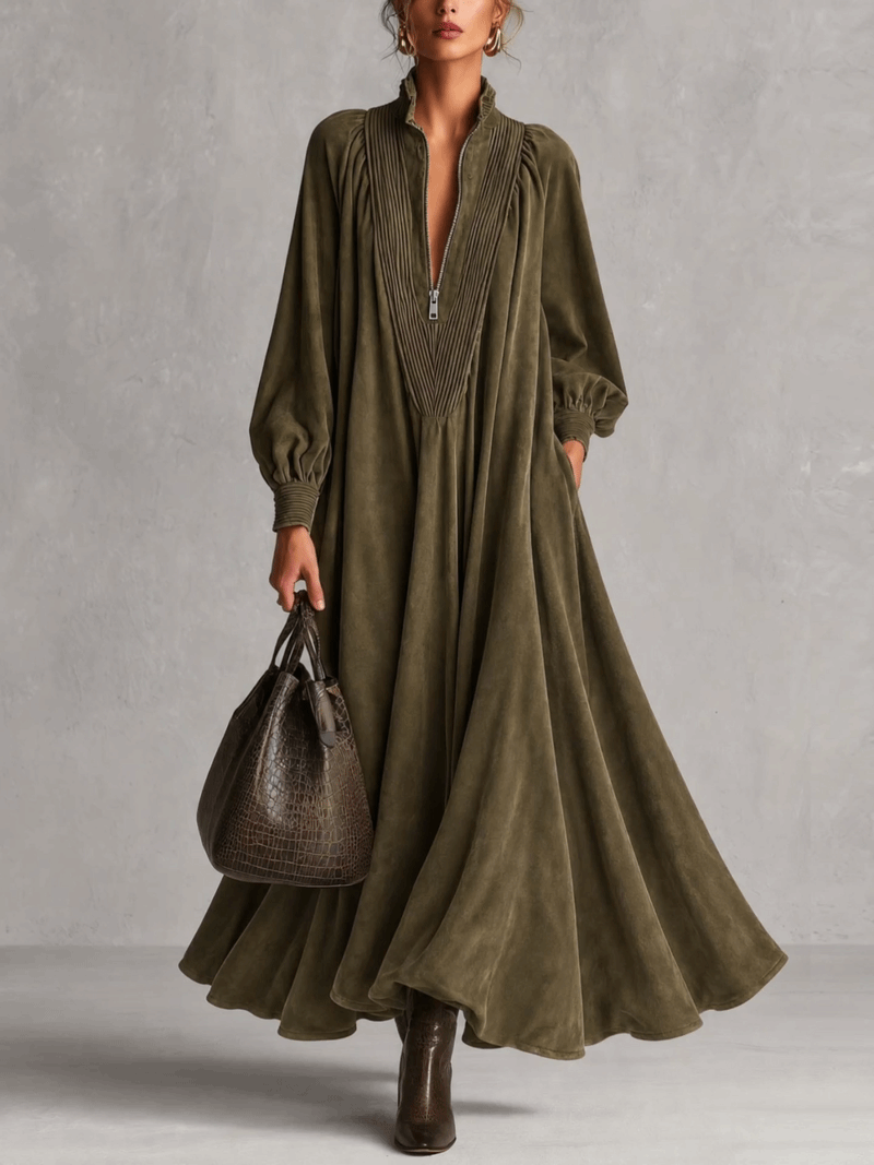 Olive Green Faux Suede Maxi Dress With Pintucked Zip Placket And Full Flared Skirt