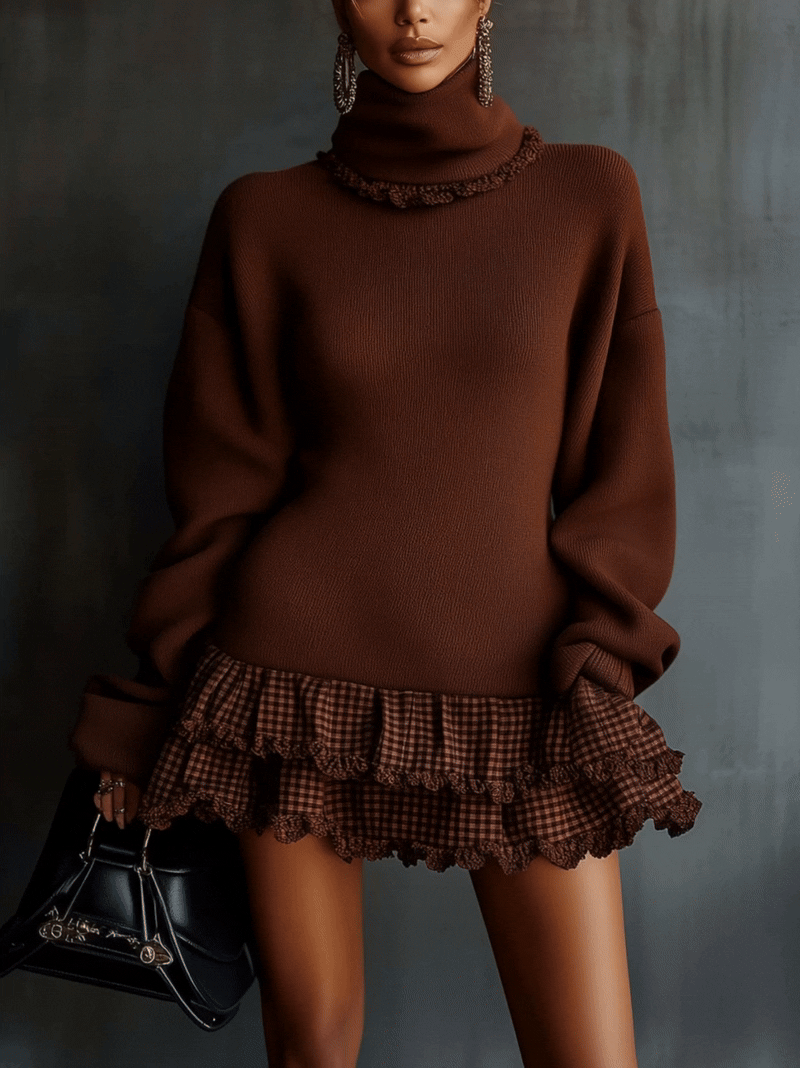 Chocolate Turtleneck Knitted Mini Dress With Plaid Ruffles
