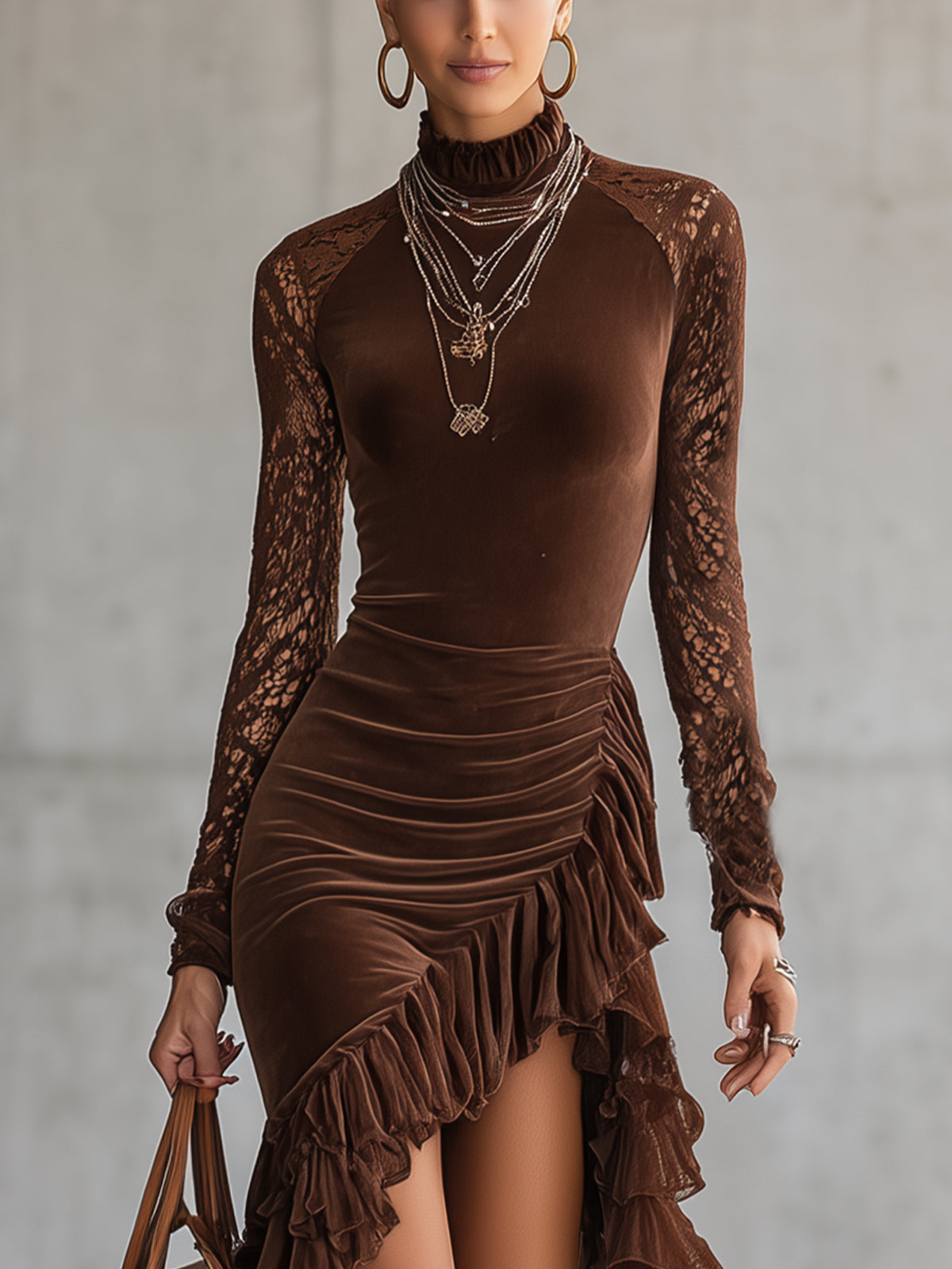 Brown Velvet Lace High-Low Ruffle Dress