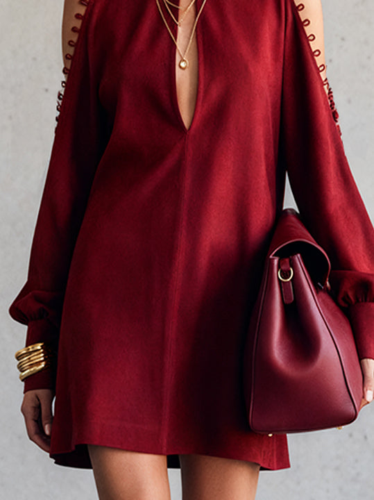 Red Cold Shoulder Faux Suede Dress With High Neck