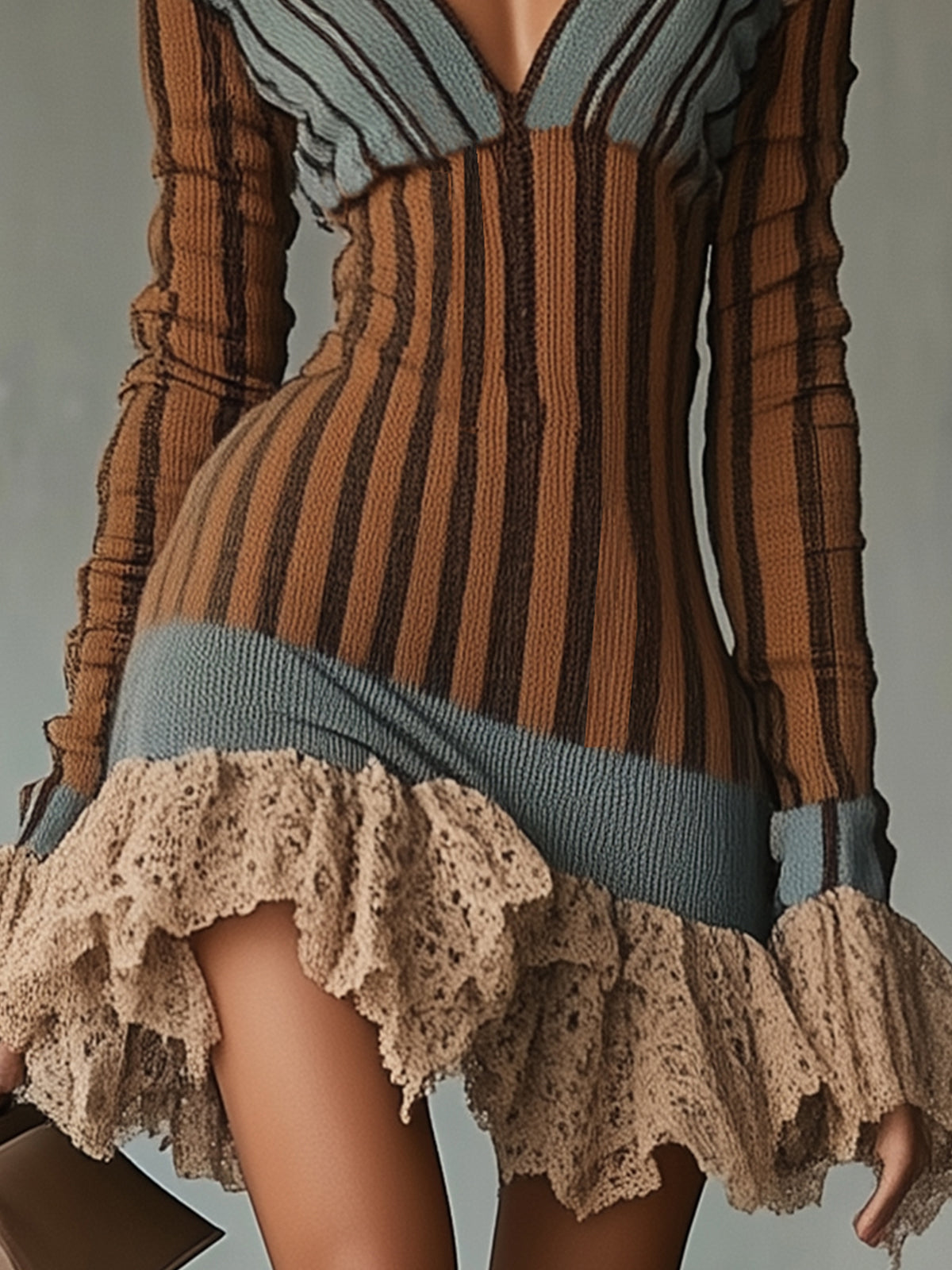 Striped Knit Dress With Crochet Ruffle Hem