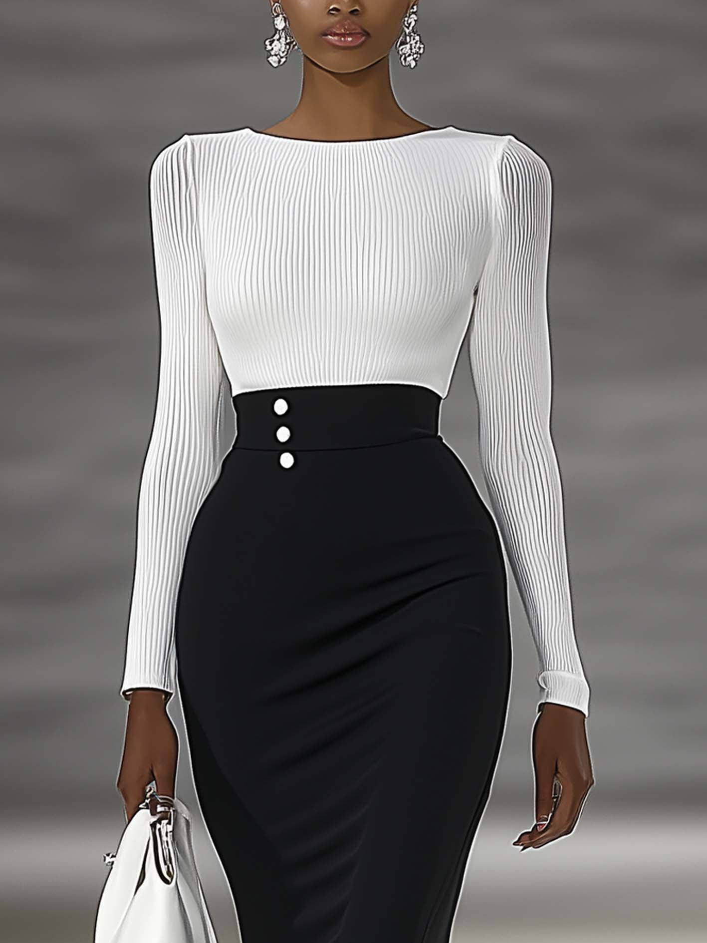 Pleated White Chiffon With Black High Waist Maxi Bodycon Dress