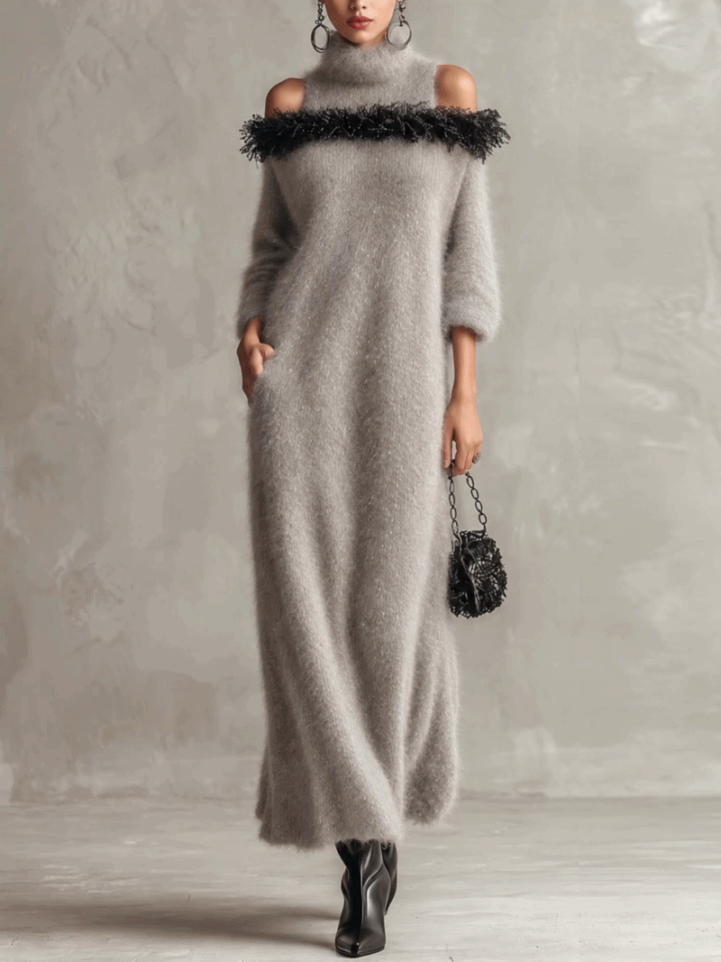 Silver Gray Shimmer Mohair Maxi Dress With Feather-Trim Cold Shoulder
