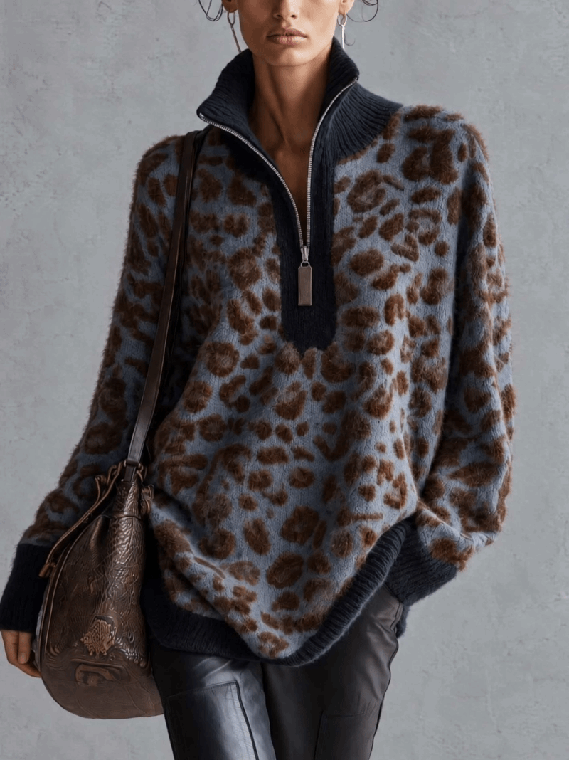 Dusty Blue Gray Leopard Print Fuzzy Mohair Sweater With Half-Zip Stand Collar