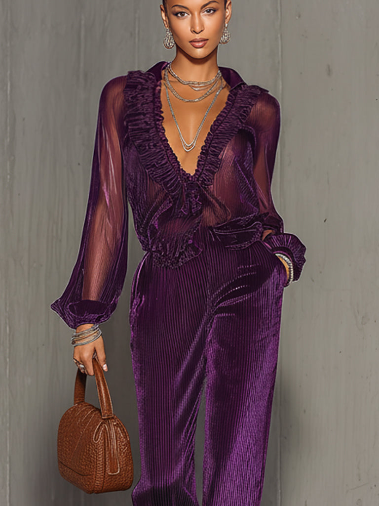 Purple Mesh Ruffled Top And Pleated Velvet Trousers Set