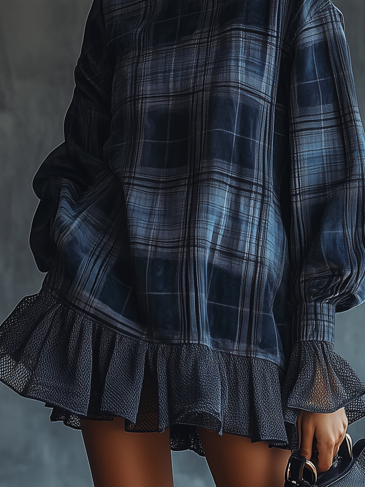 Midnight Plaid Ruffle Hem Turtleneck Dress