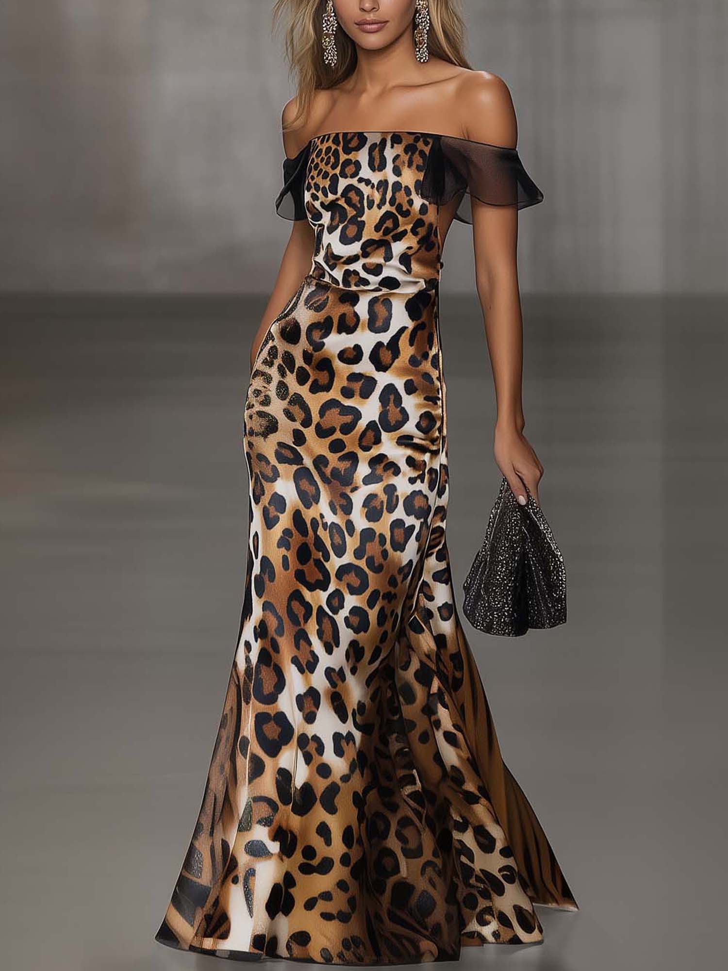 Off Shoulder Mesh Maxi Dress With Gradient Leopard Print