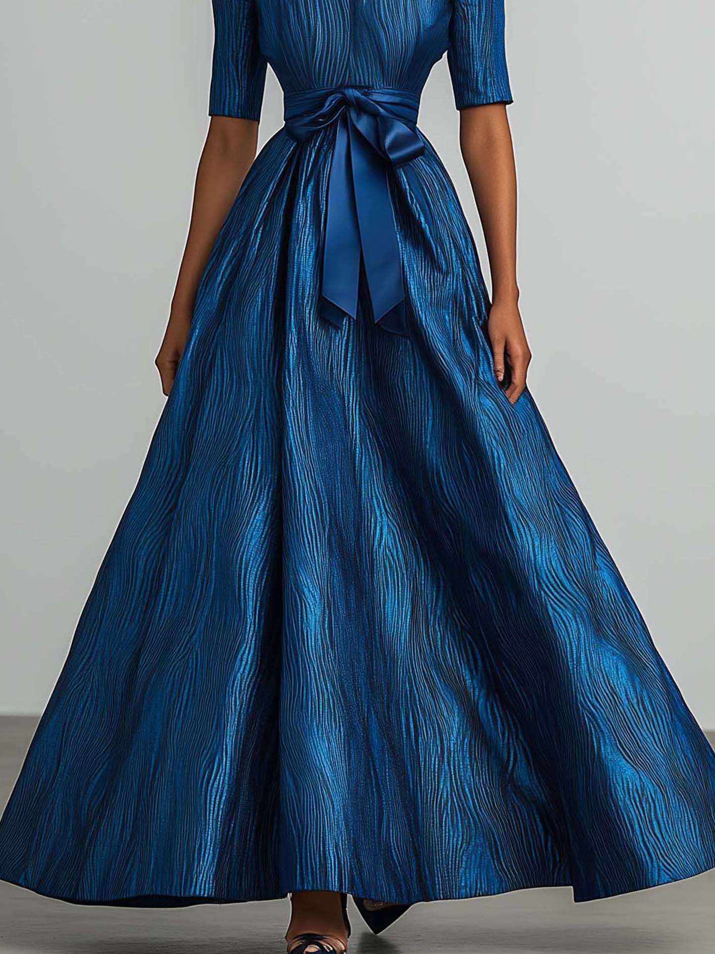 Peacock Blue Satin Maxi Dress With Elegant Pattern And Belt