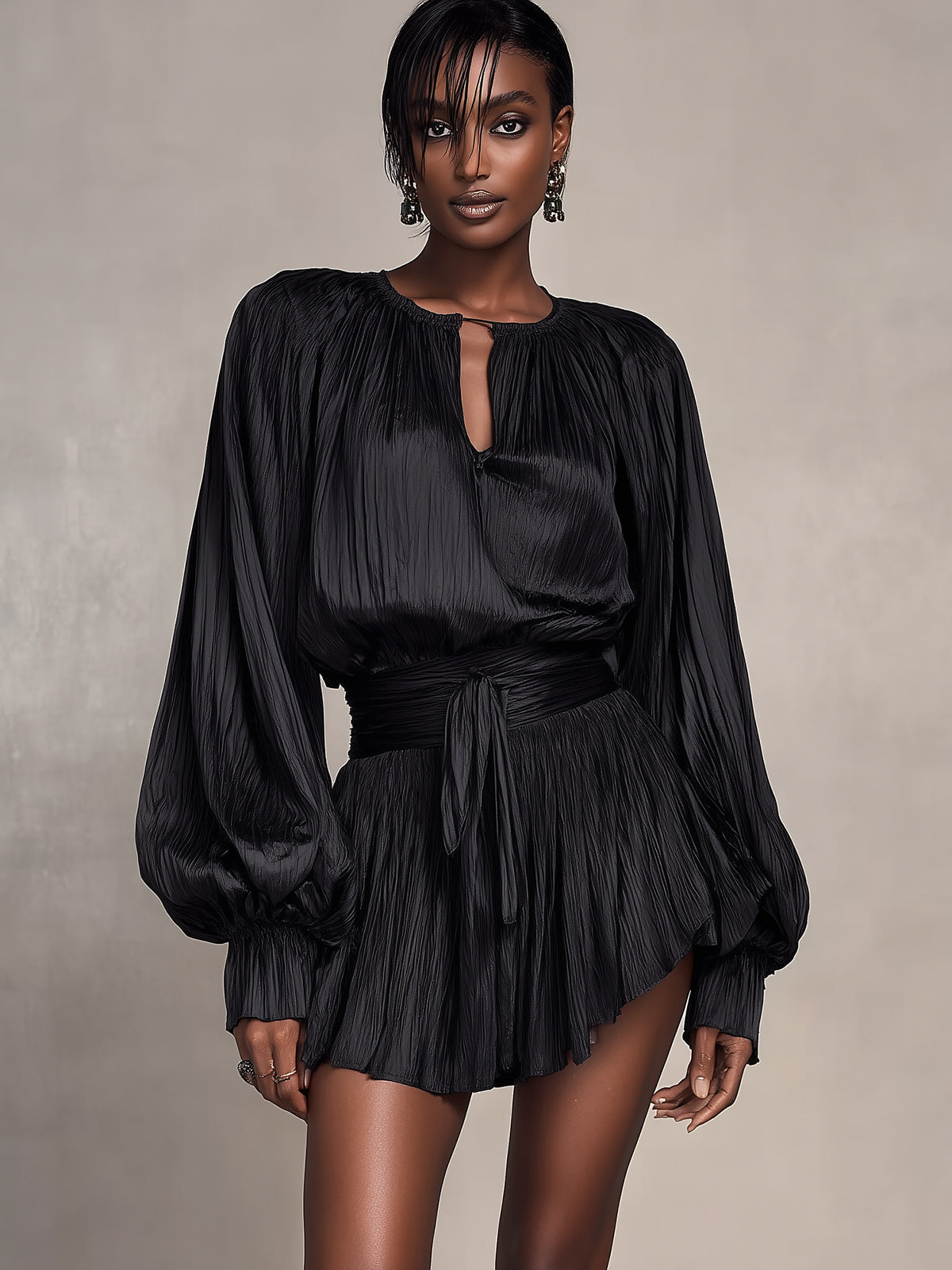 Black Pleated Long Sleeve Mini Dress With Belted Waist And Keyhole Neckline