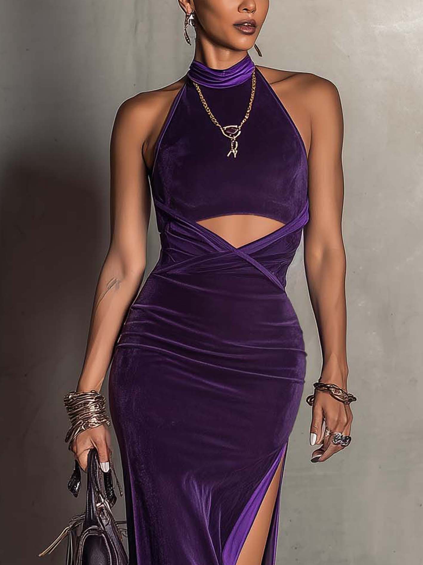 Purple Velvet Cutout Sleeveless Bodycon Dress with Side Slit