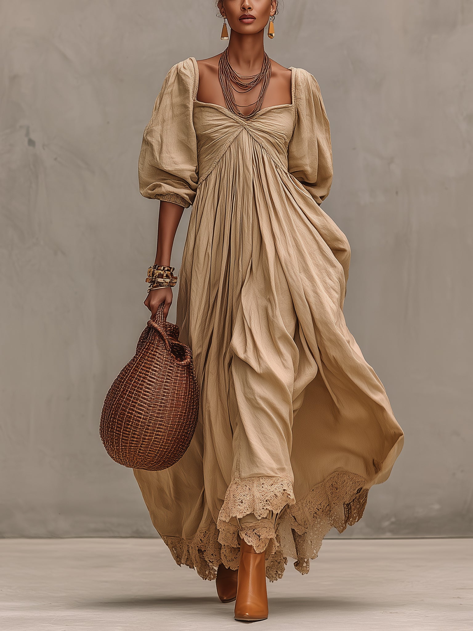 Light Coffee Linen Blend Maxi Dress With Lace Hem