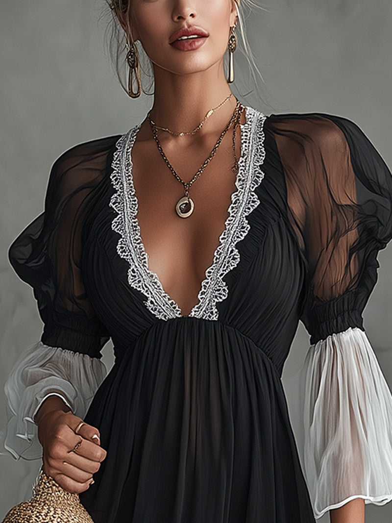 Black Sheer Chiffon Lace Trim Puff Sleeve Mini Dress