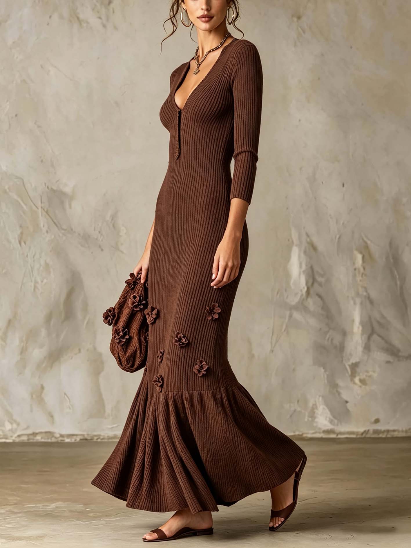 Chocolate Brown Ribbed Knit Maxi Dress With 3D Floral Appliques And Ruffle Hem