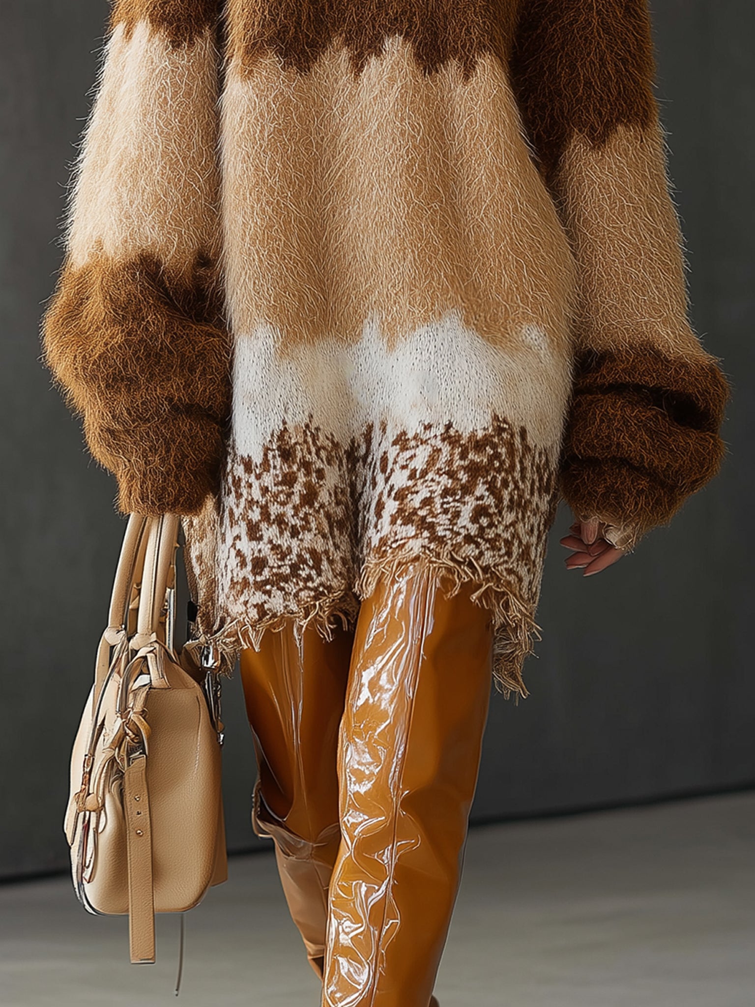 Brown Faux Mink Ombre Knit Long Sleeve Mini Dress