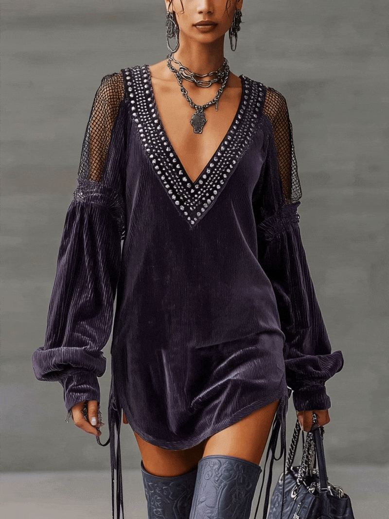 Purple Corduroy V-neck Rhinestone Embellished Mesh Tie Up Mini Dress