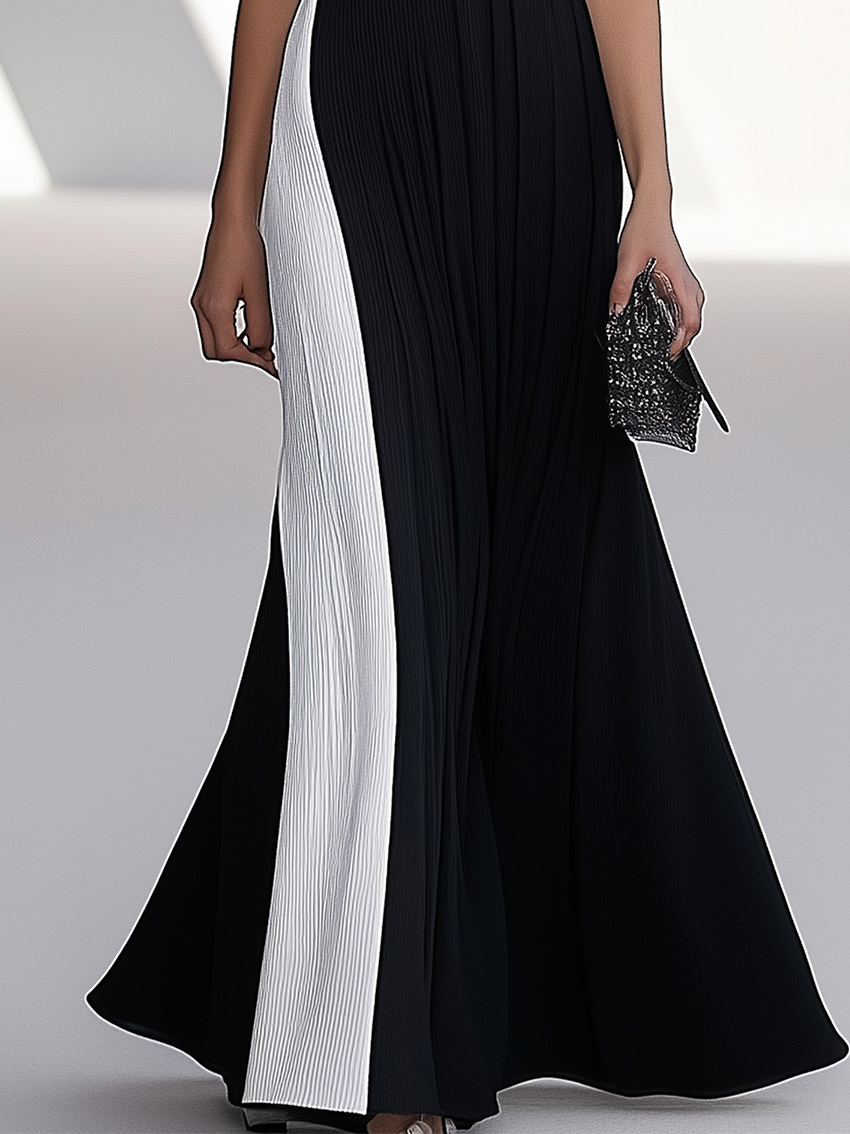 One Shoulder Stitching Color Block Black Maxi Dress