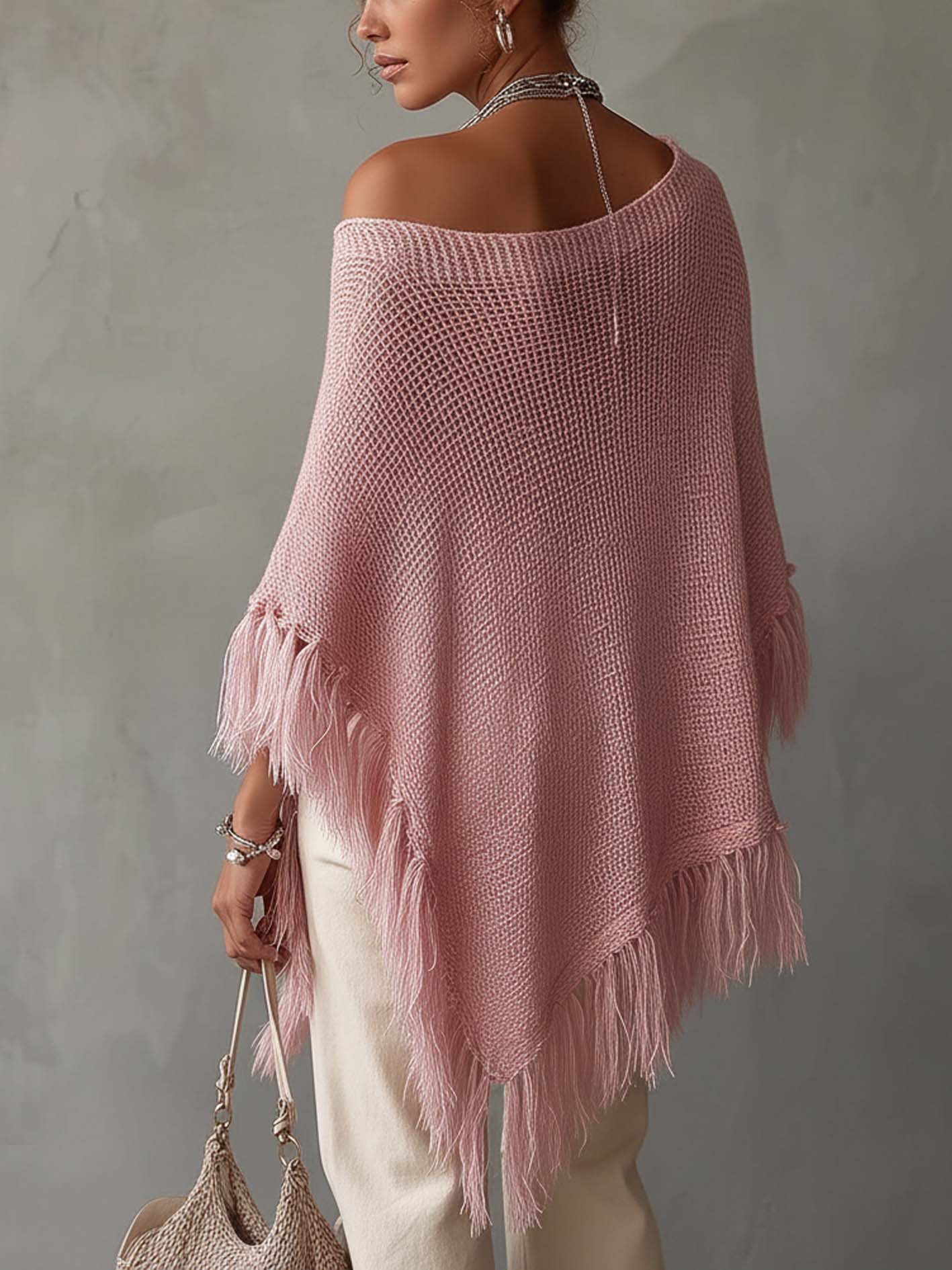 Pink One Shoulder Fringe Trim Lightweight Sweater Top