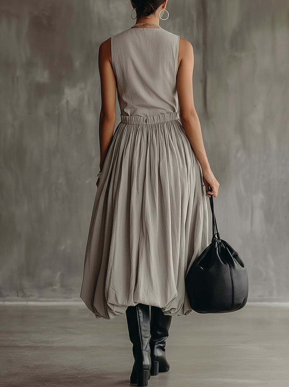 Gray Sleeveless Button Front Balloon Hem Midi Dress