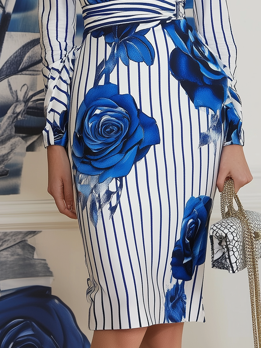 White Midi Bodycon Dress With Blue Stripe And Rose Print