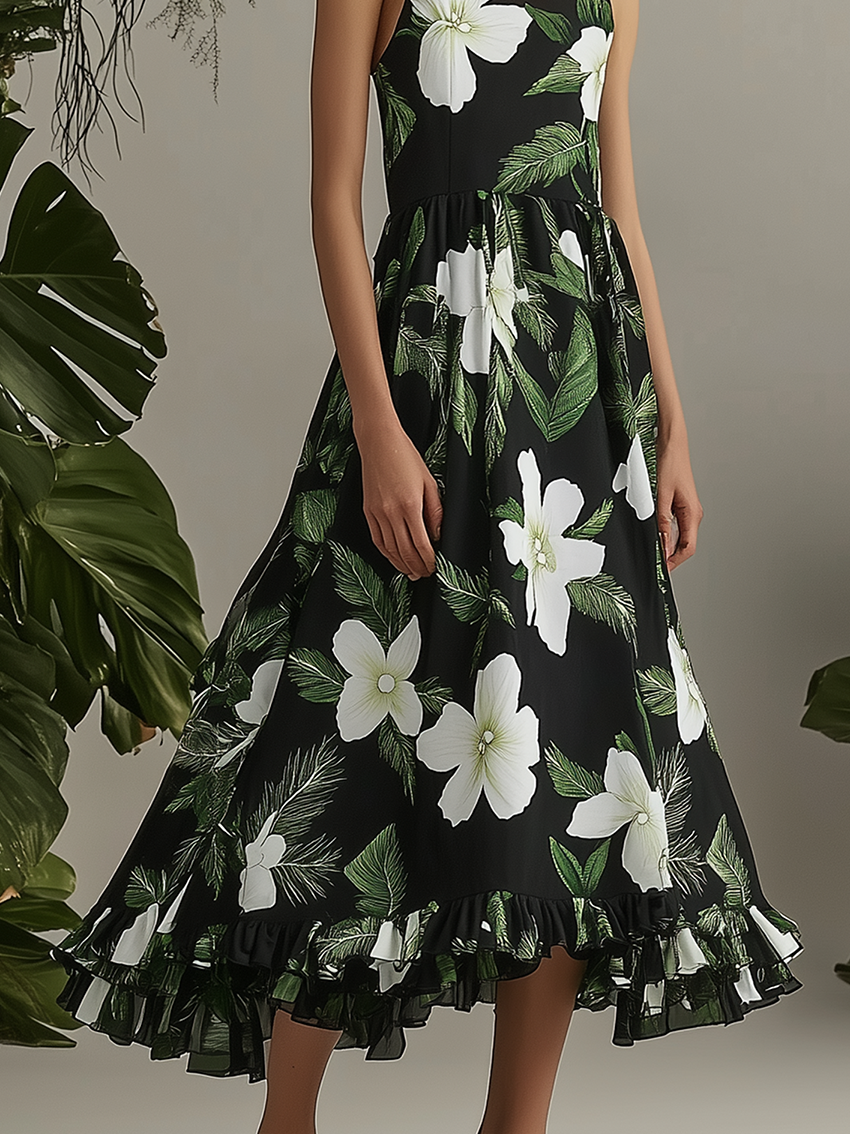 Black Midi Dress With Elegant Flower Print With Ruffle Trim