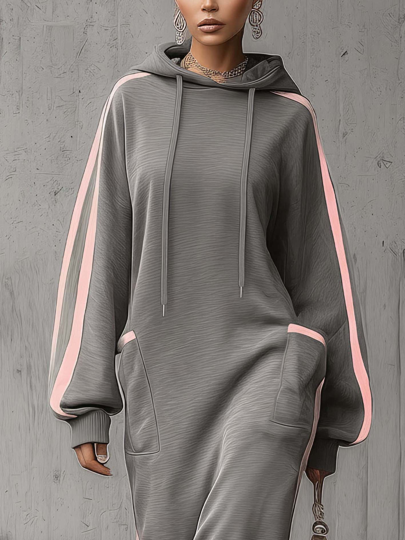 Gray Hooded Maxi Sweatshirt Dress With Pink Stripe Detail