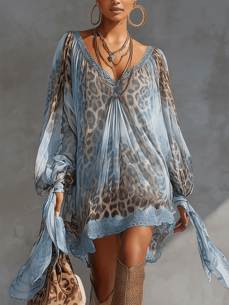 Blue Chiffon Double Layer V-neck Leopard Print Lace Up Mini Dress