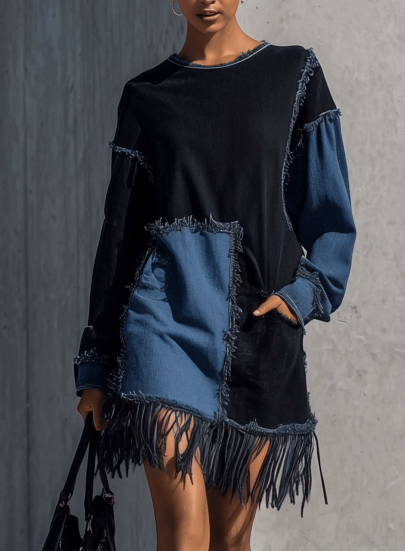 Black And Blue Patchwork Fringe Hem Denim Mini Dress