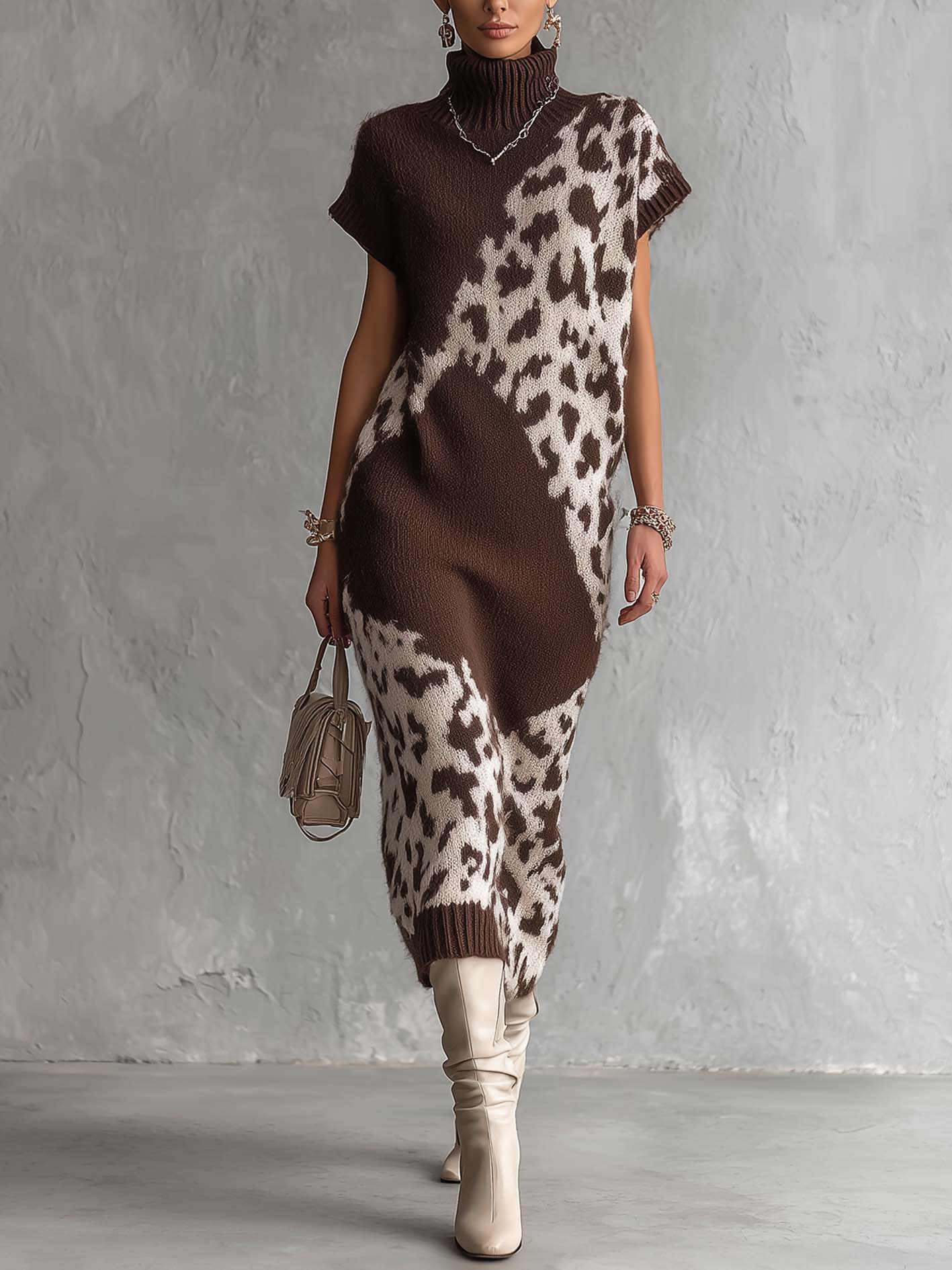 Dark Brown Leopard Print Turtleneck Knit Midi Dress