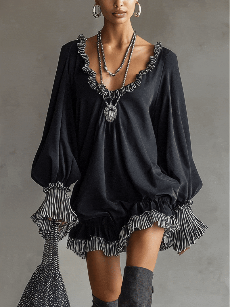 Black Faux Suede Striped Ruffled Loose Mini Dress